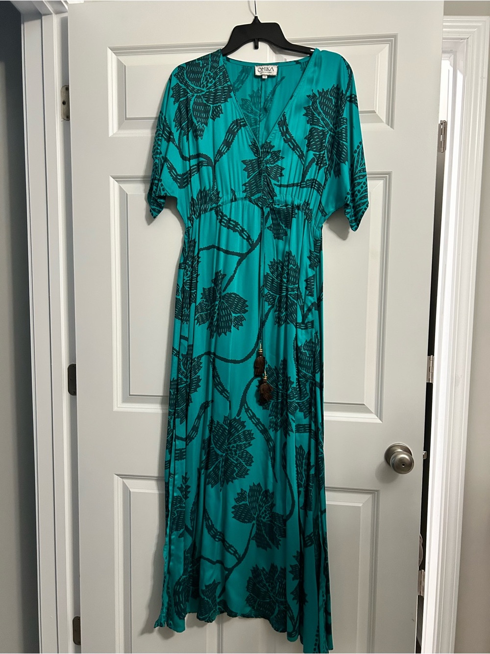 Omika Teal Floral Maxi Dress with Drawstring Waist. One Size